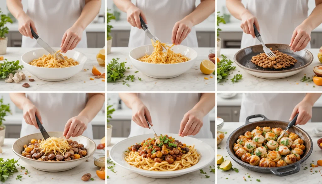 Step-by-step process of preparing party food from chopping and mixing to grilling and plating.