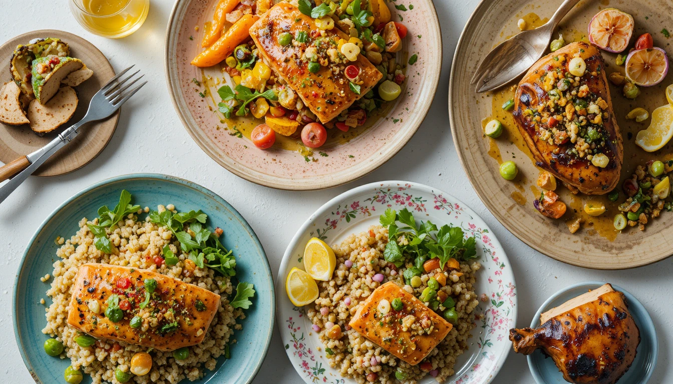 Quick & Healthy Dinner Recipes with grilled salmon, quinoa salad, and roasted chicken served with fresh vegetables.