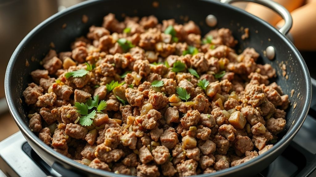 Seasoned ground beef cooked in a skillet with garlic, onions, and spices.