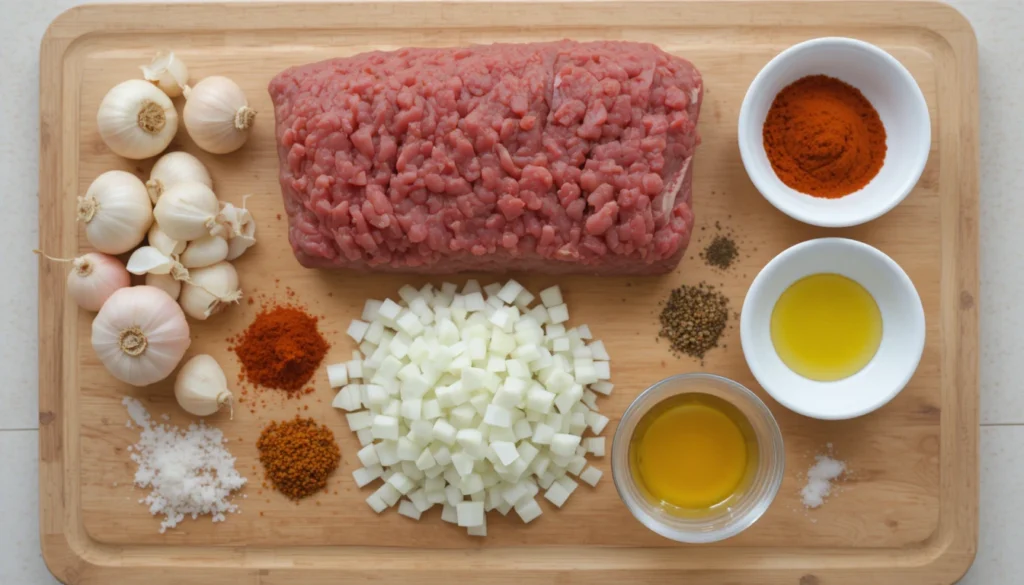 Ingredients for seasoned ground beef including ground beef, onions, garlic, and spices.
