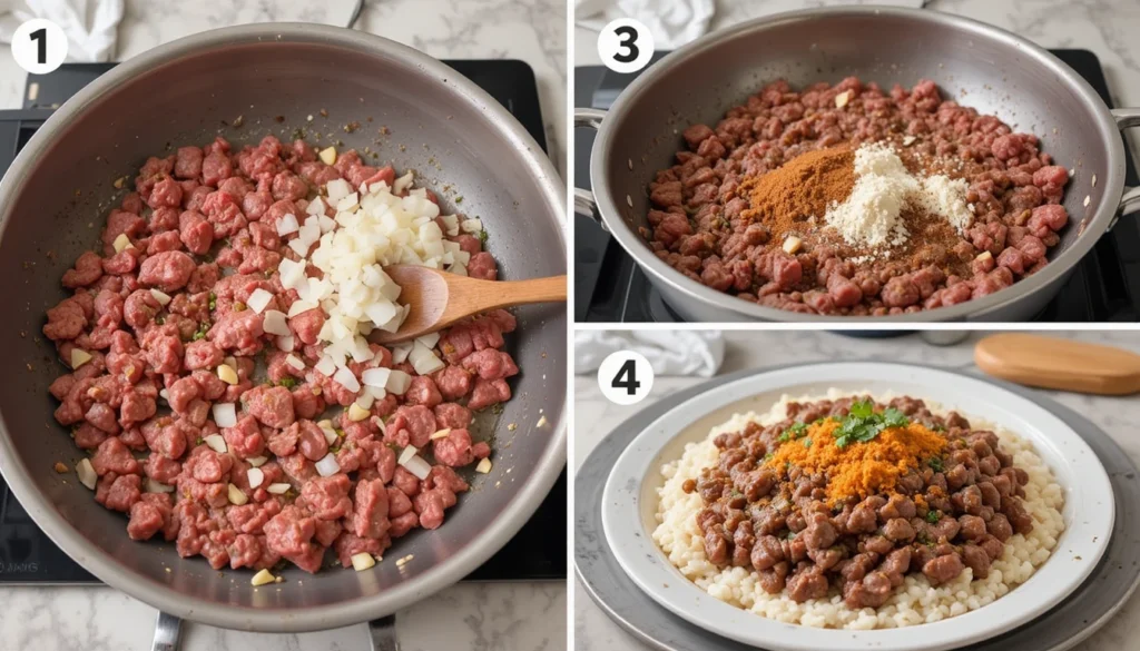Step-by-step instructions for cooking seasoned ground beef with onions, garlic, and spices.